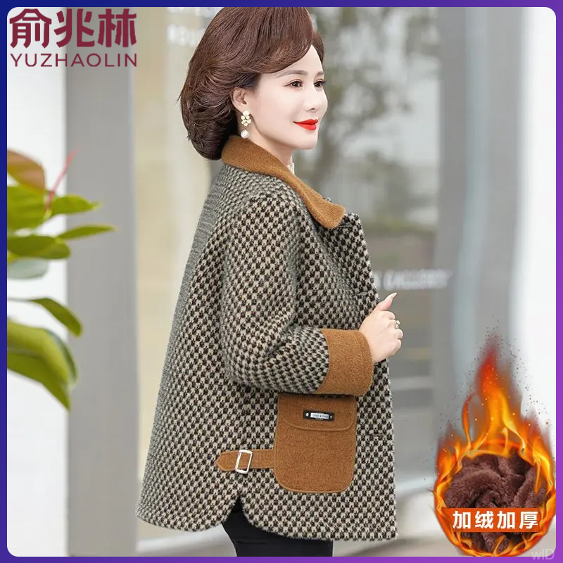 俞兆林秋冬妈妈水貂绒毛呢外套加绒加厚50-60岁中老年女母亲洋气