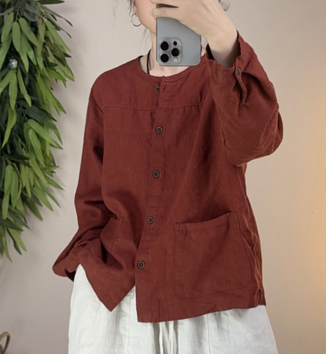 春季新品复古文艺长袖麻料开衫宽松圆领休闲百搭上衣602