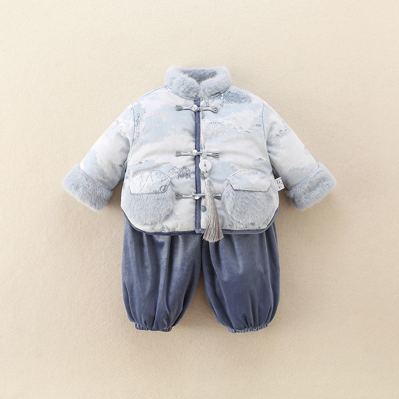 汉服男童套装秋冬装男宝宝新中式唐装儿童国风加绒夹棉两件套冬季