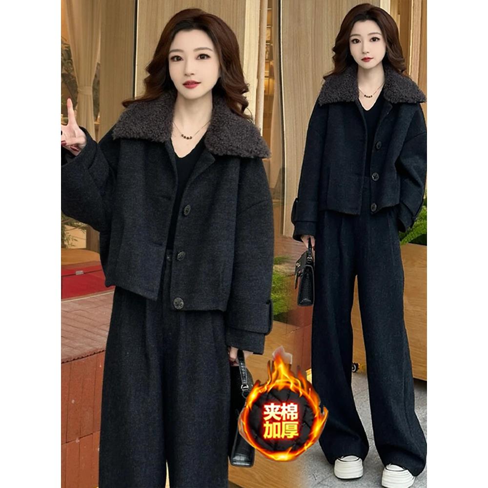 时尚套装女冬季新款韩版宽松夹棉保暖毛呢棉袄外套阔腿裤两件套潮