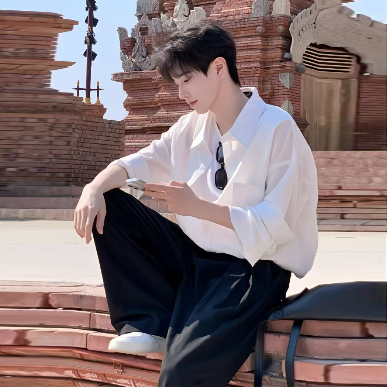 cleanfit白色衬衫男款痞帅英伦雅痞风夏季休闲长袖衬衣男慵懒上衣