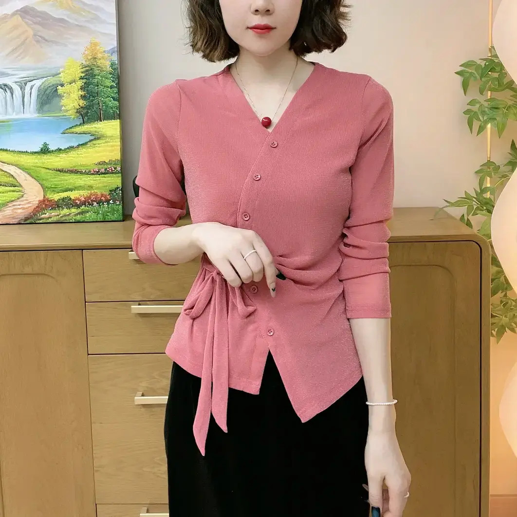 秋季爆款纯色弹力网纱修身光版系带长袖纽扣洋气时尚妈妈装打底衫