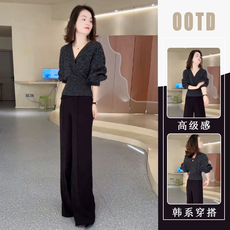 轻熟复古气质宽松慵懒软糯v领针织上衣女2025新款百搭长裤两件套