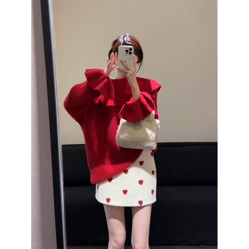 韩系圣诞氛围感穿搭套装女秋冬季荷叶边针织上衣高腰半身裙两件套