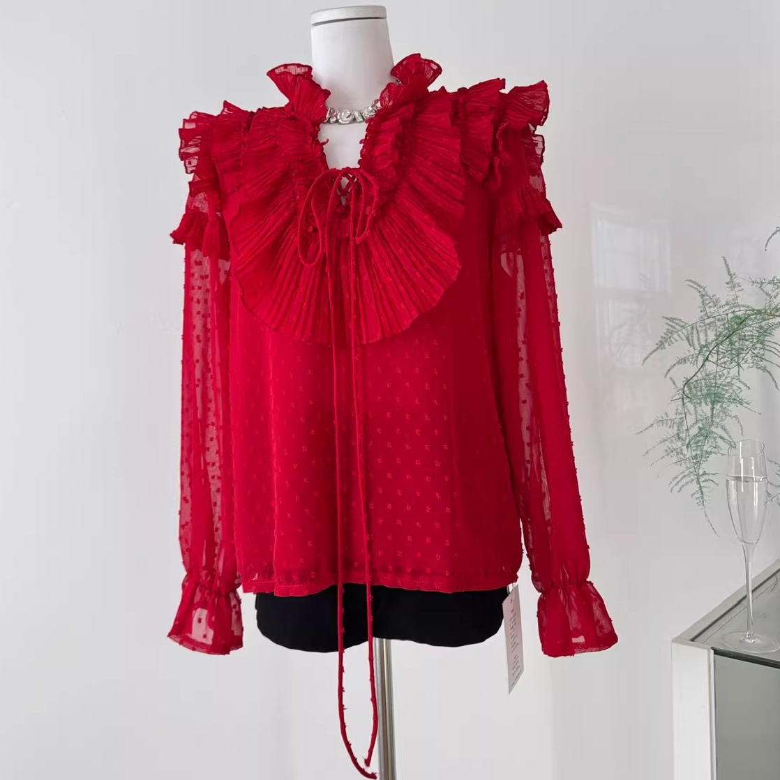 2026年春季新款法式气质轻奢减龄洋气过年红色长袖衬衫女小衫上衣