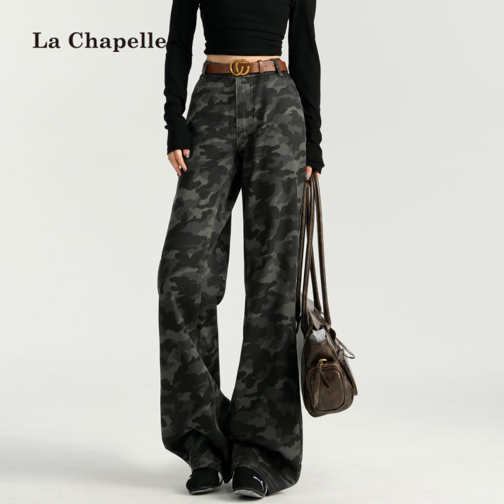 拉夏贝尔迷彩微喇牛仔裤女春秋季新款高腰显瘦不贴腿工装喇叭裤子