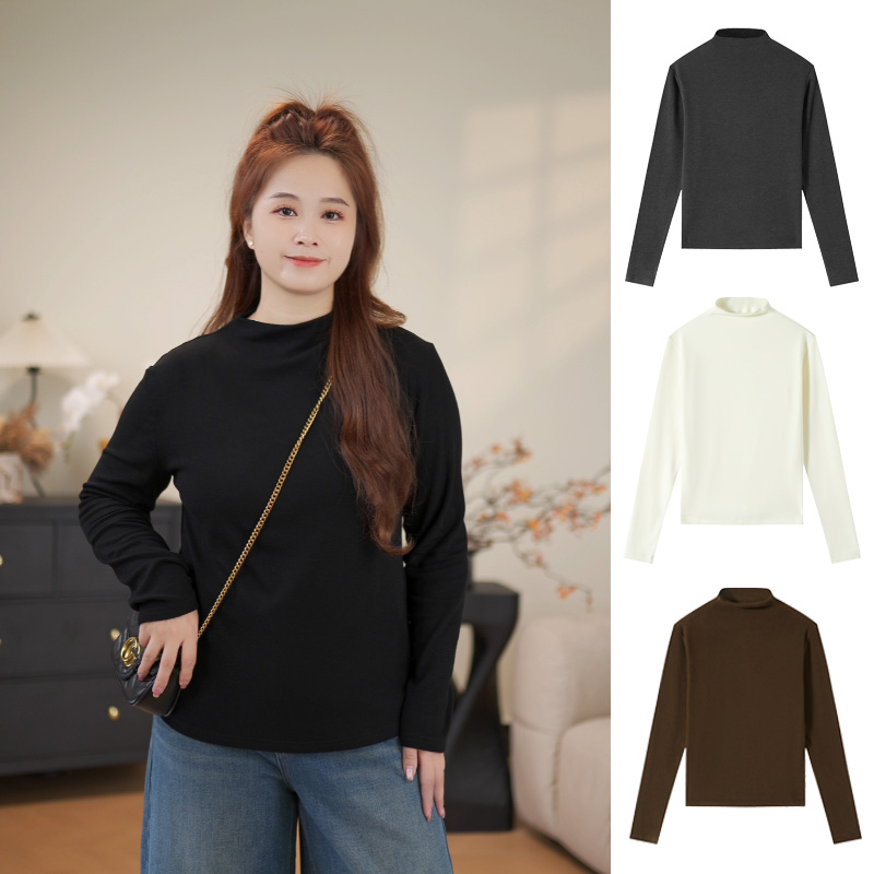 映晴加绒磨毛大码女装小立领打底衫百搭长袖半高领遮肉内搭T恤4