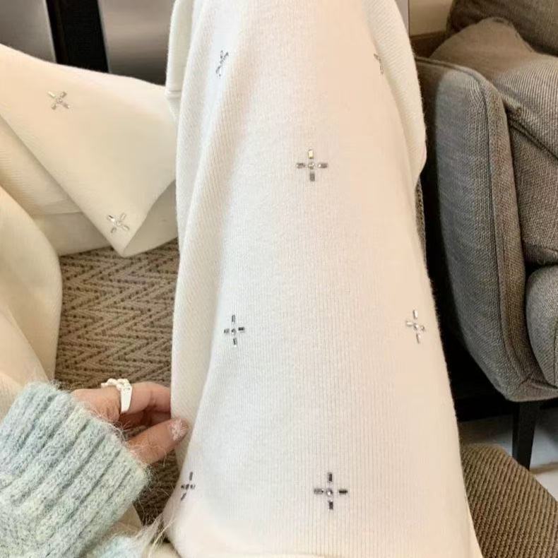 大码白色烫钻针织阔腿裤女秋冬小个子亮闪闪糯米显示直筒裤子