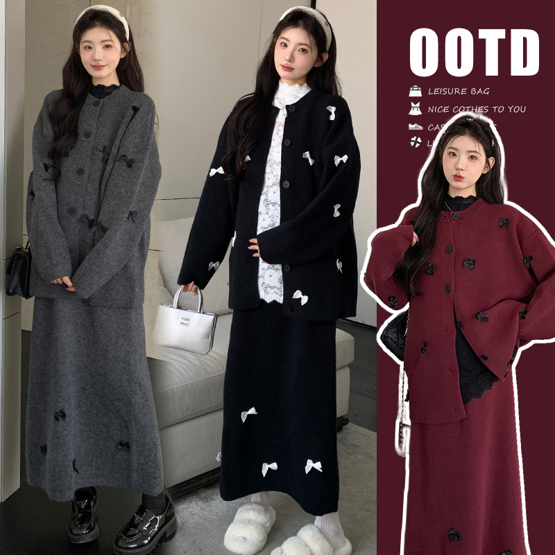 孕妇秋冬加厚套装2025新款外穿慵懒韩系设计蝴蝶结长袖外套半身裙