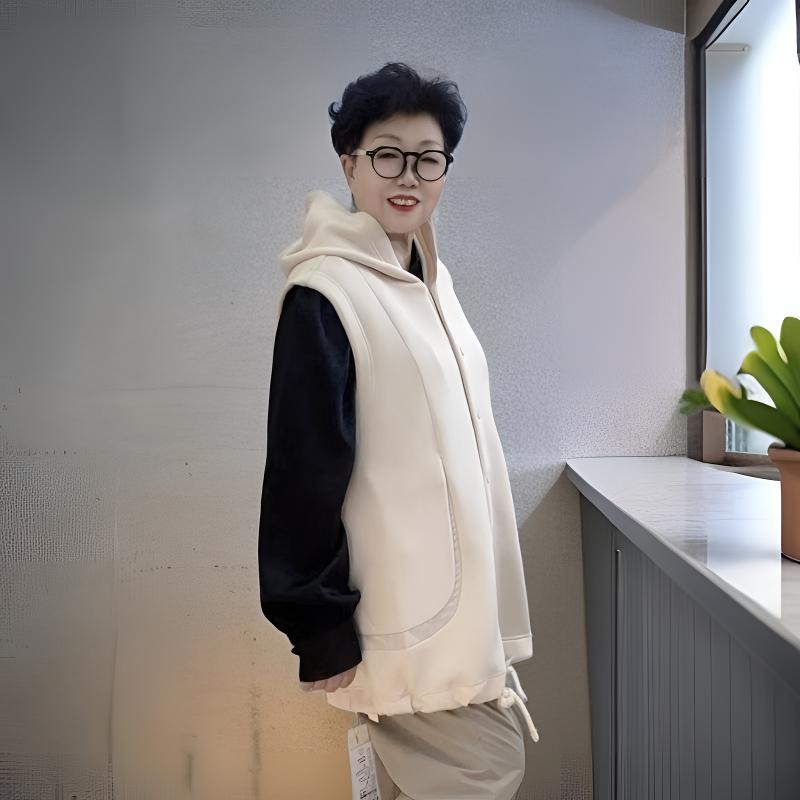 【贵丽坊】宽松显瘦中长款慵懒风百搭无袖女休闲连帽马夹上衣36722