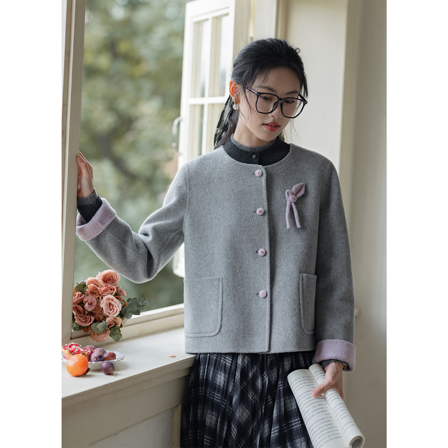 红念灰色毛呢外套女短款小个子宽松2025秋冬新款女装气质呢子上衣