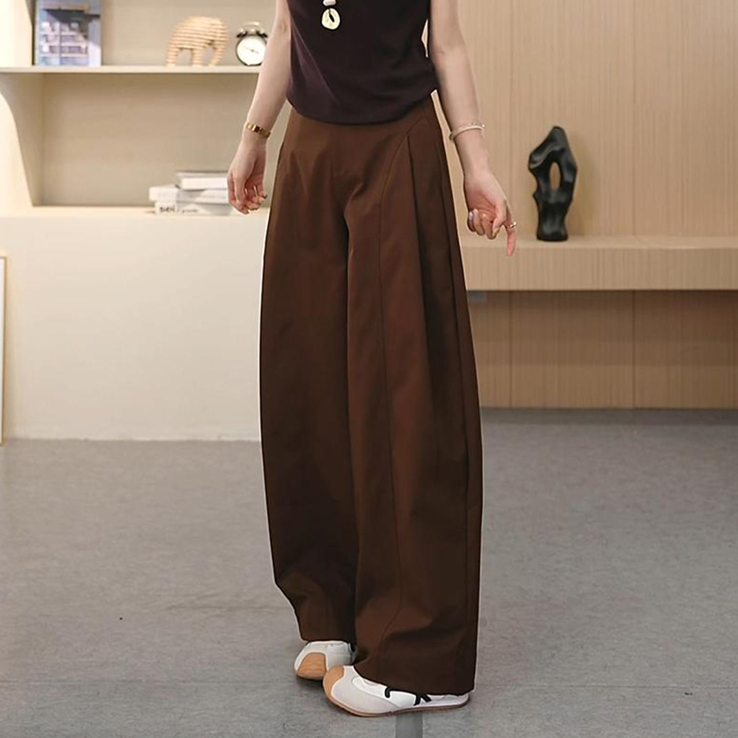 侧压褶舒柔特阔腿裤女士2025秋季新款高腰显瘦宽松抗皱休闲贝斯裤