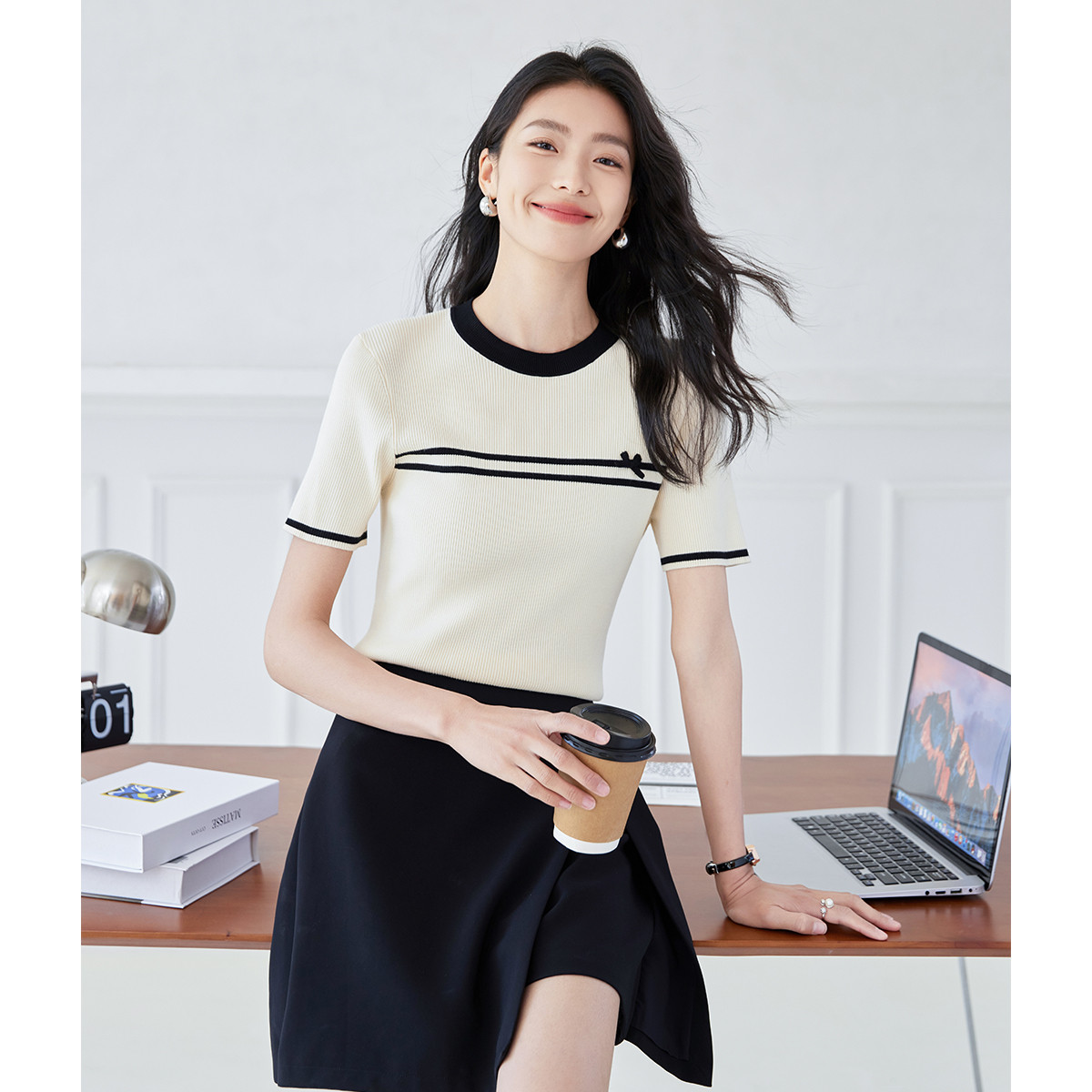 OSA/欧莎 撞色蝴蝶结针织衫正肩女士t恤短袖女夏季S125B16002