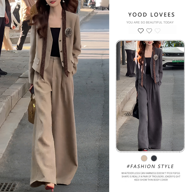 2026春秋新款洋气显瘦西装外套打底背心时尚领带气质阔腿裤四件套