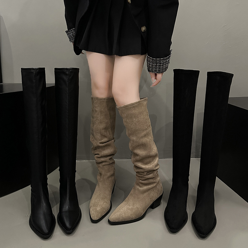 西部牛仔靴子女2025年新款秋冬季长筒堆堆靴百搭尖头显瘦骑士靴女