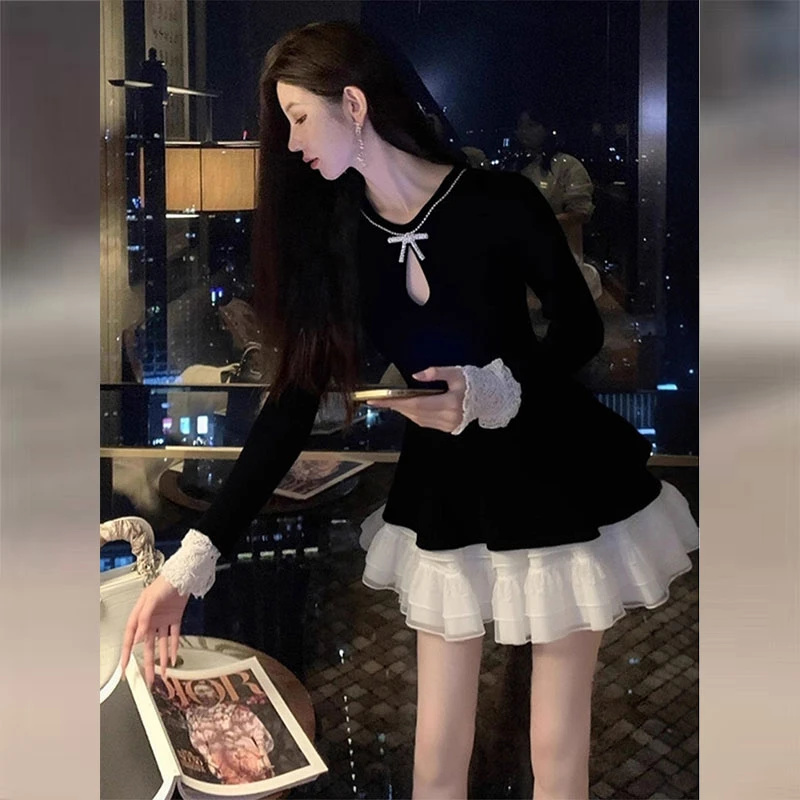 INS CEC小香风黑色镂空假两件连衣裙子新款初冬高级感收腰a字短裙