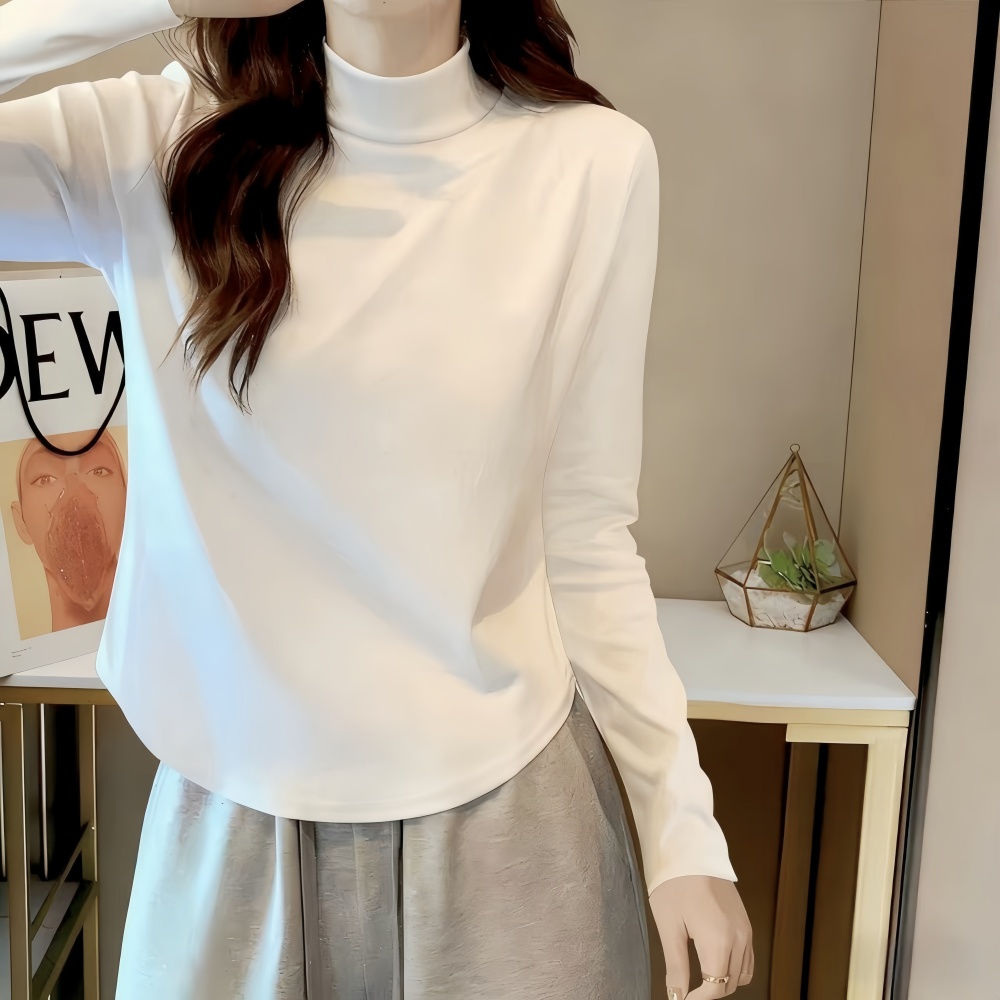 半高领德绒打底衫女秋冬季长袖修身显瘦百搭纯色下摆弧形保暖上衣