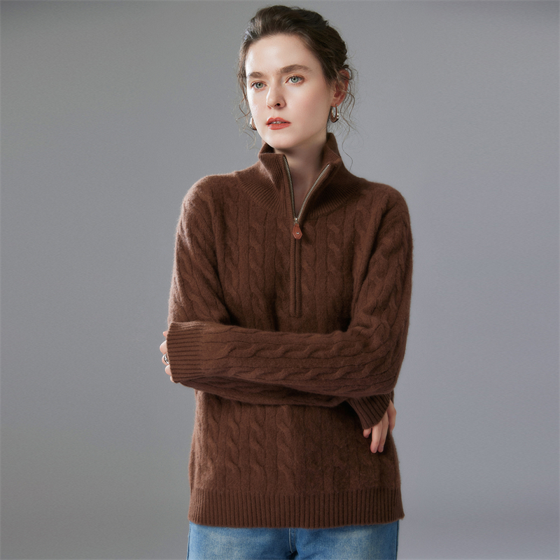 2025秋冬新款七针加厚拉链半开领重磅麻花立领宽松型厚款女羊绒衫