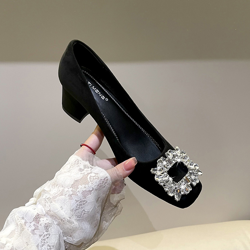 浅口高跟鞋方头粗跟水钻黑色性感气质百搭职业上班久站不累脚鞋子