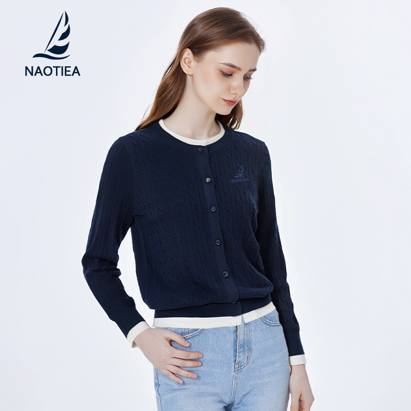 纳奥蒂尔小帆船撞色假两件针织开衫女2025春秋休闲宽松毛衣外套