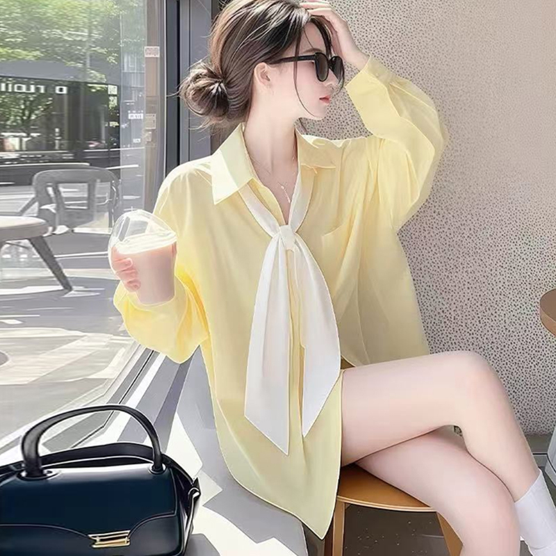系带防晒衣女春秋新款设计感宽松中长款长袖衬衫法式雪纺上衣外套