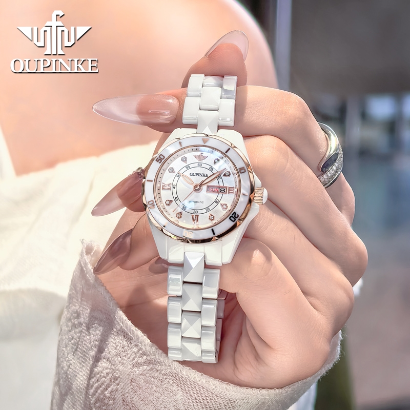 Oupinke/欧品客新款陶瓷爆款机械女表女士手表时尚双日历夜光防水