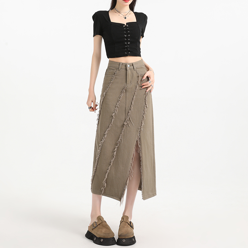 卡其毛边牛仔半身裙女春秋季时尚开叉不规则高腰包臀裙中长款a字
