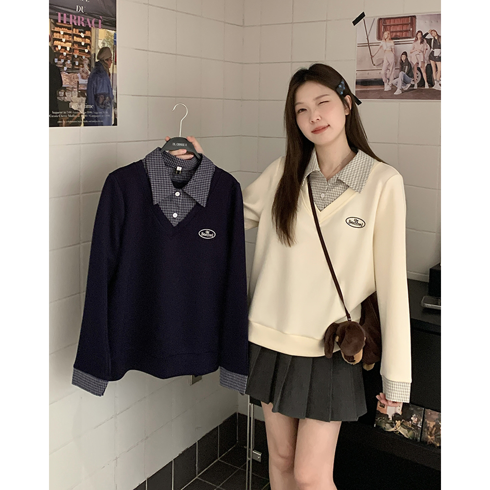 清2025秋大码女装胖mm高级感拼接假两件衬衣学院风格子上衣64058