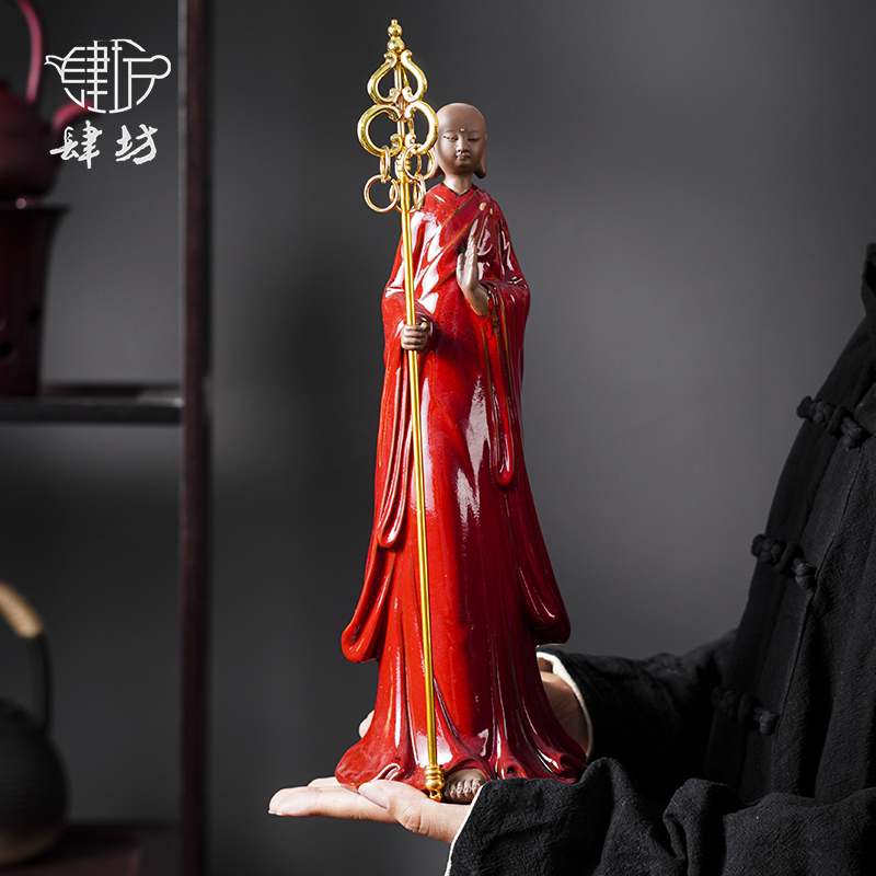 肆坊壹品中式复古红衣地藏王菩萨佛像摆件大号工艺品玄关书房桌面