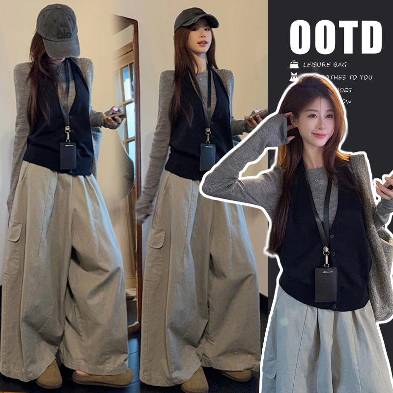 孕妇套装早秋韩系2025新款灰色长袖上衣宽松百搭阔腿裤休闲两件套