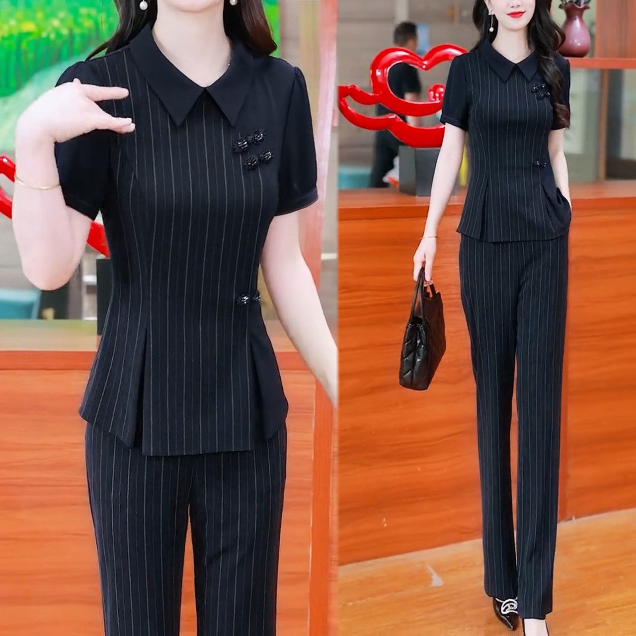 2025夏季新款气质显瘦国风盘扣条纹短袖上衣微喇叭裤休闲两件套装