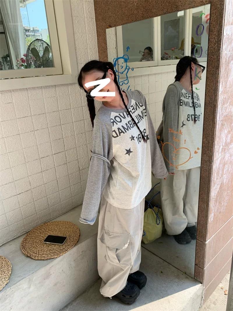 花生酱 布丁美式印花拼接长袖t恤女秋季休闲宽松基础款打底衫