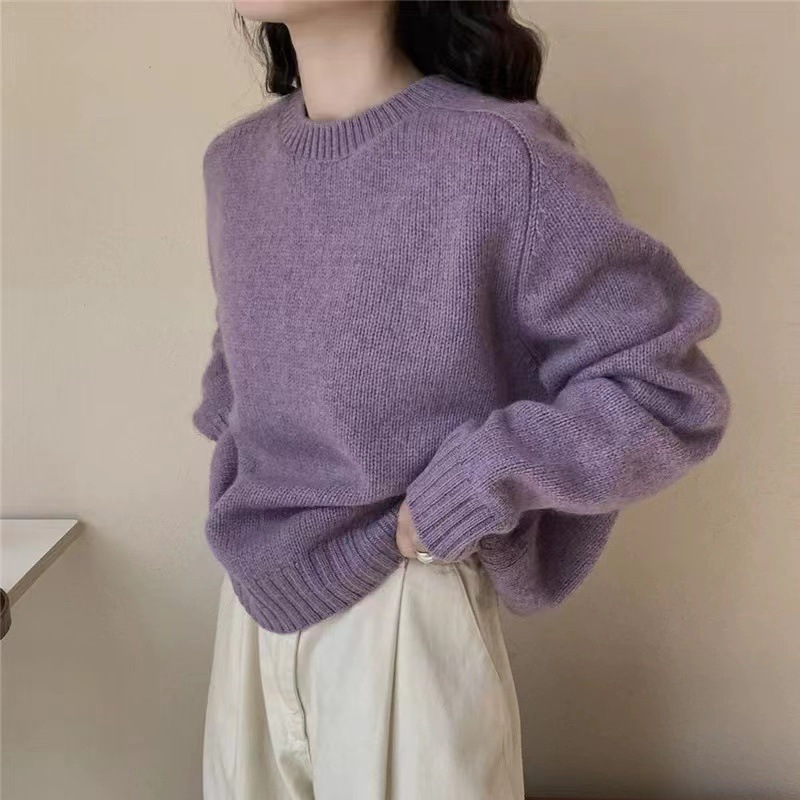 韩系宽松慵懒减龄圆领套头紫色毛衣女秋季加厚打底内搭针织衫上衣