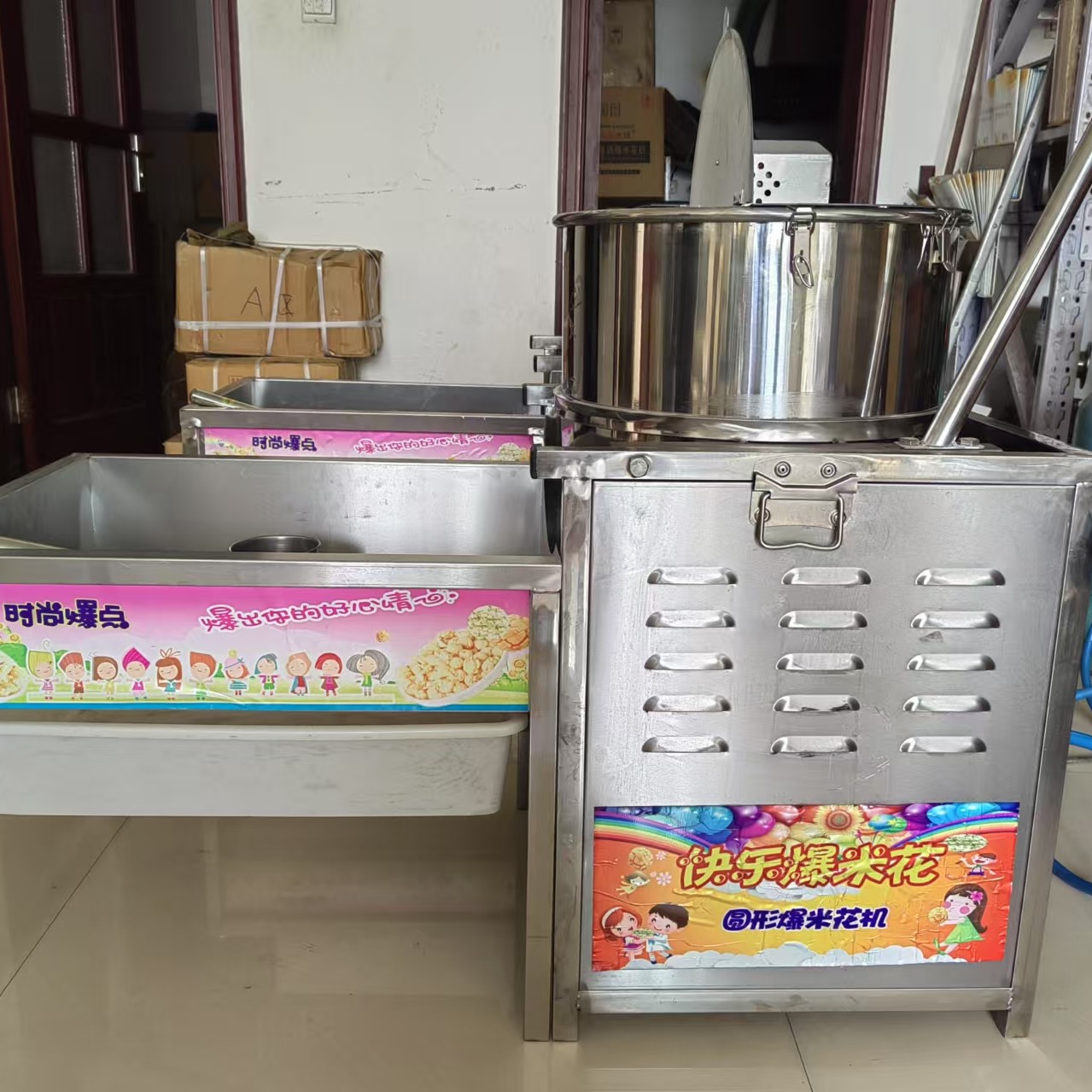商用爆米花机燃气摆摊用苞谷机不锈钢台式带料斗推车款爆米花机