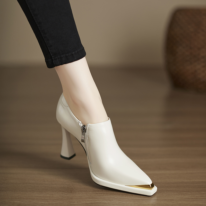 小个子手工女鞋9.5cm~不累脚防水台高跟鞋金属头单鞋米白色小皮鞋