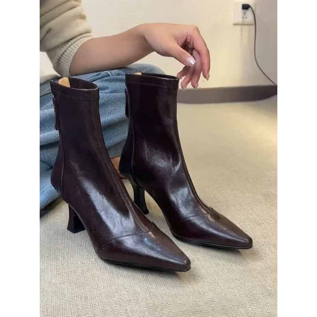 羊皮~高跟尖头短靴靴子法式细跟弹力靴女百搭软皮拉链真皮瘦瘦靴」