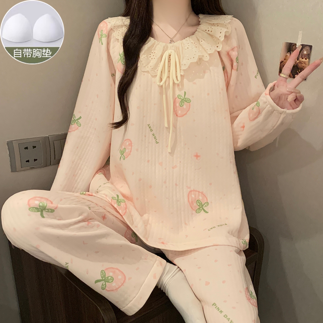 带胸垫睡衣女夹层空气棉春秋冬季女士睡衣卡通加厚宽松韩版家居服