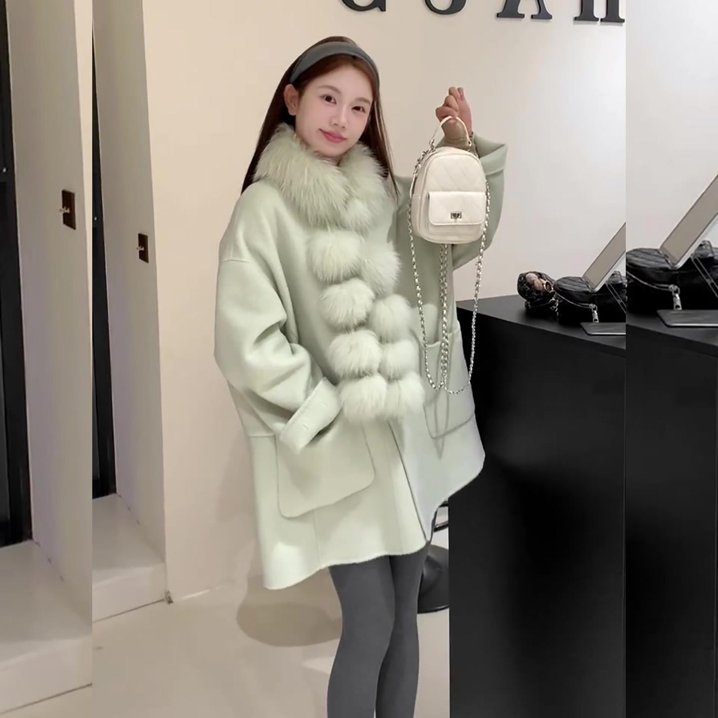 冬季新款韩版气质时尚百搭真狐狸毛围脖绿色收腰显瘦毛呢大衣外套