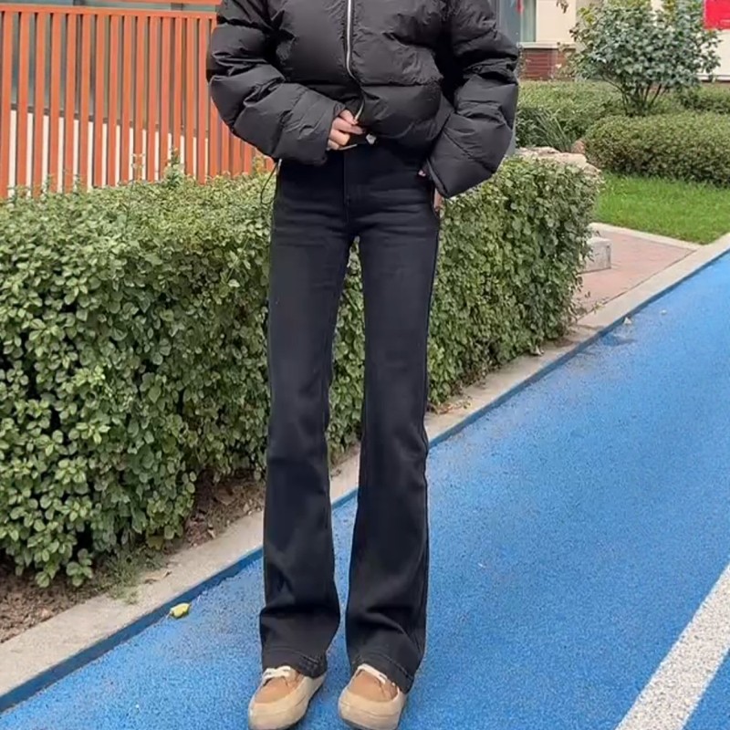 秋冬新款复古百搭高腰显瘦牛仔微喇裤大码女装加绒加厚修身喇叭裤