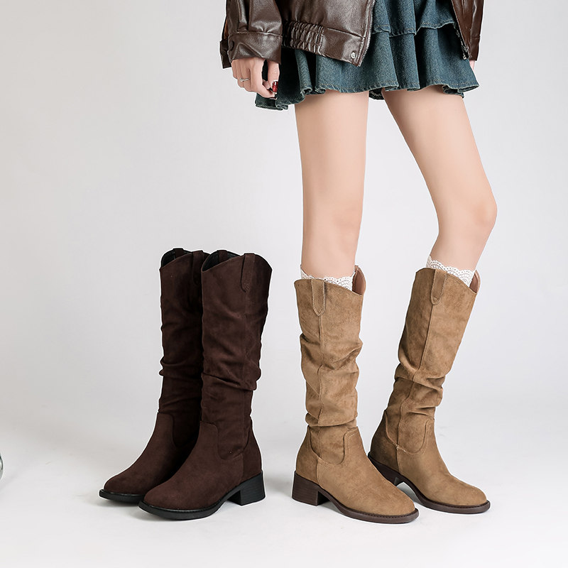 羊皮版~复古V口内增高长靴堆堆靴女2025秋冬加绒小个子高筒西部靴