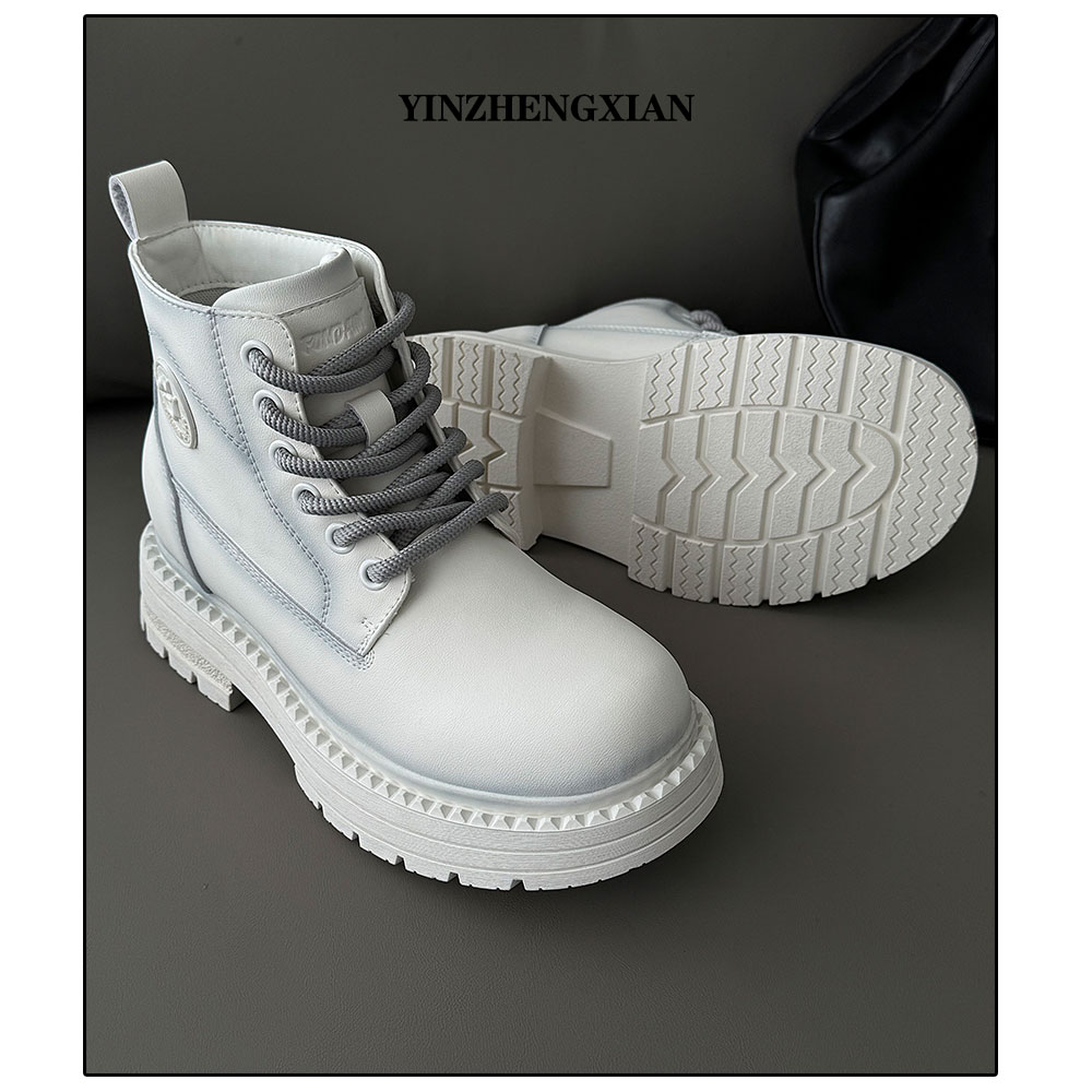 尹政贤 擦色皮透气高帮修面皮增高马丁靴白色厚底秋冬季单靴系带