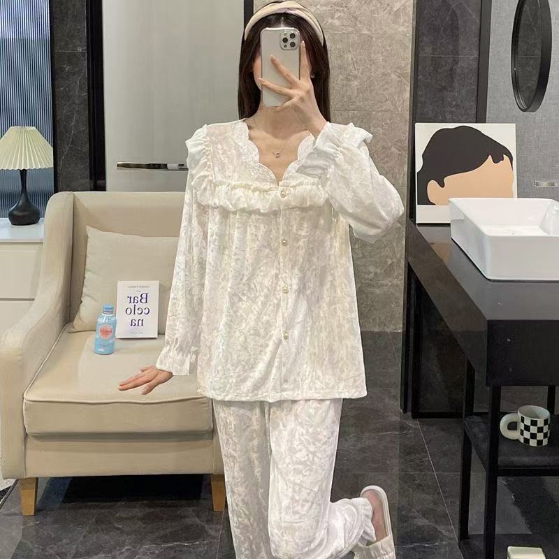 秋冬轻奢宫廷风长袖荷叶边金丝绒纯色女士可睡衣外穿家居服套装L