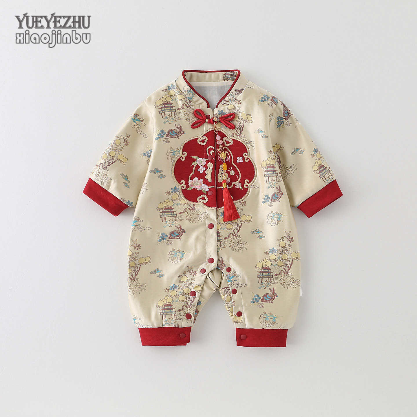 中国风婴儿连体衣春秋宝宝满月衣服秋装长袖百天外出喜庆哈衣爬服