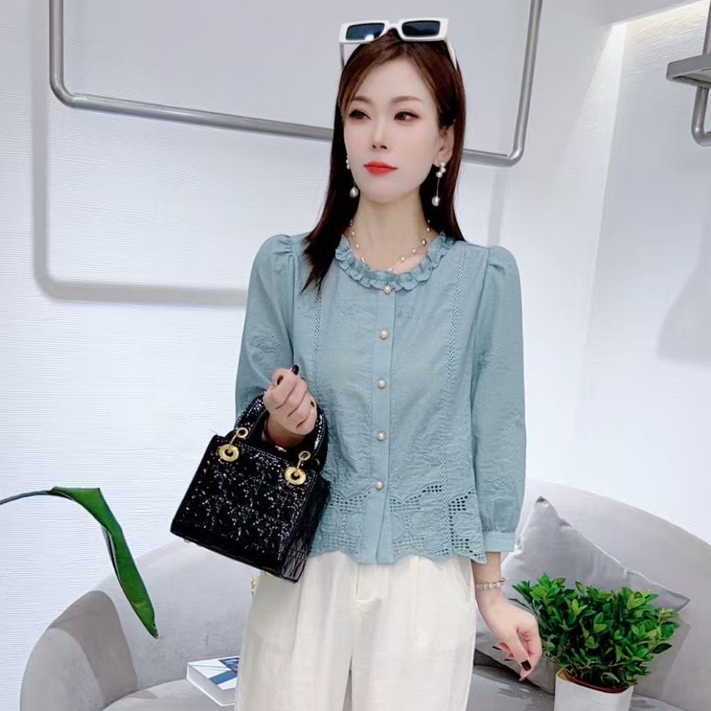 纯棉时尚衬衫春秋季新款显瘦设计感小众七分袖上衣百搭衬衣女