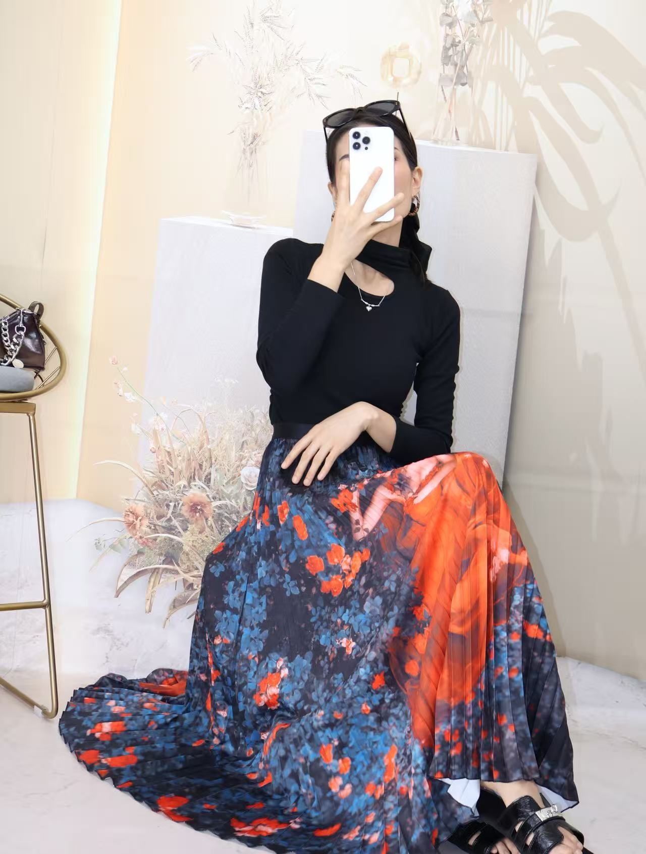 春秋垂感高腰休闲百搭渐变半身裙打底系带中长裙系扣百褶裙印花