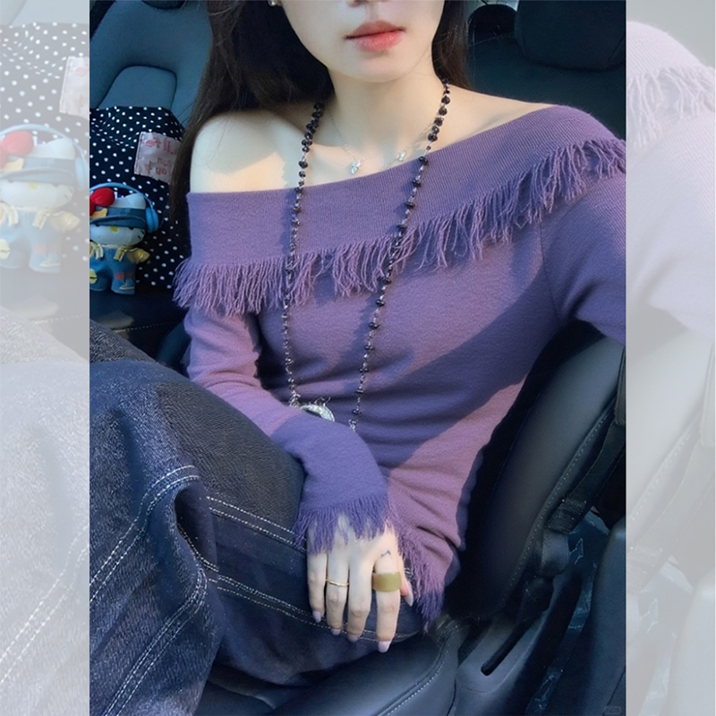 别致独特漂亮紫色露肩小衫流苏边针织衫女秋冬洋气高贵内搭上衣服