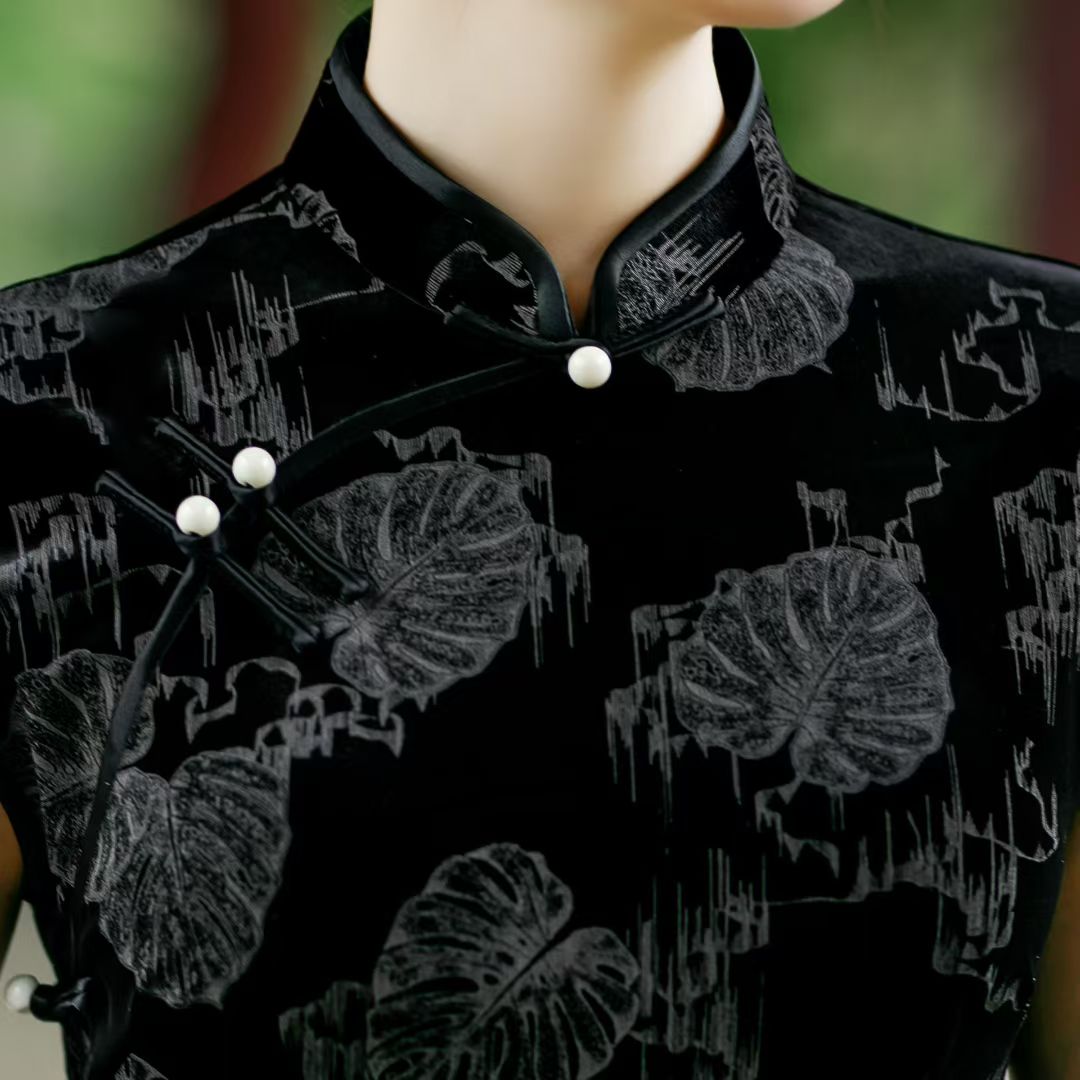 裙长时尚高开衩中长裙大码短袖气质中国风旗袍双层