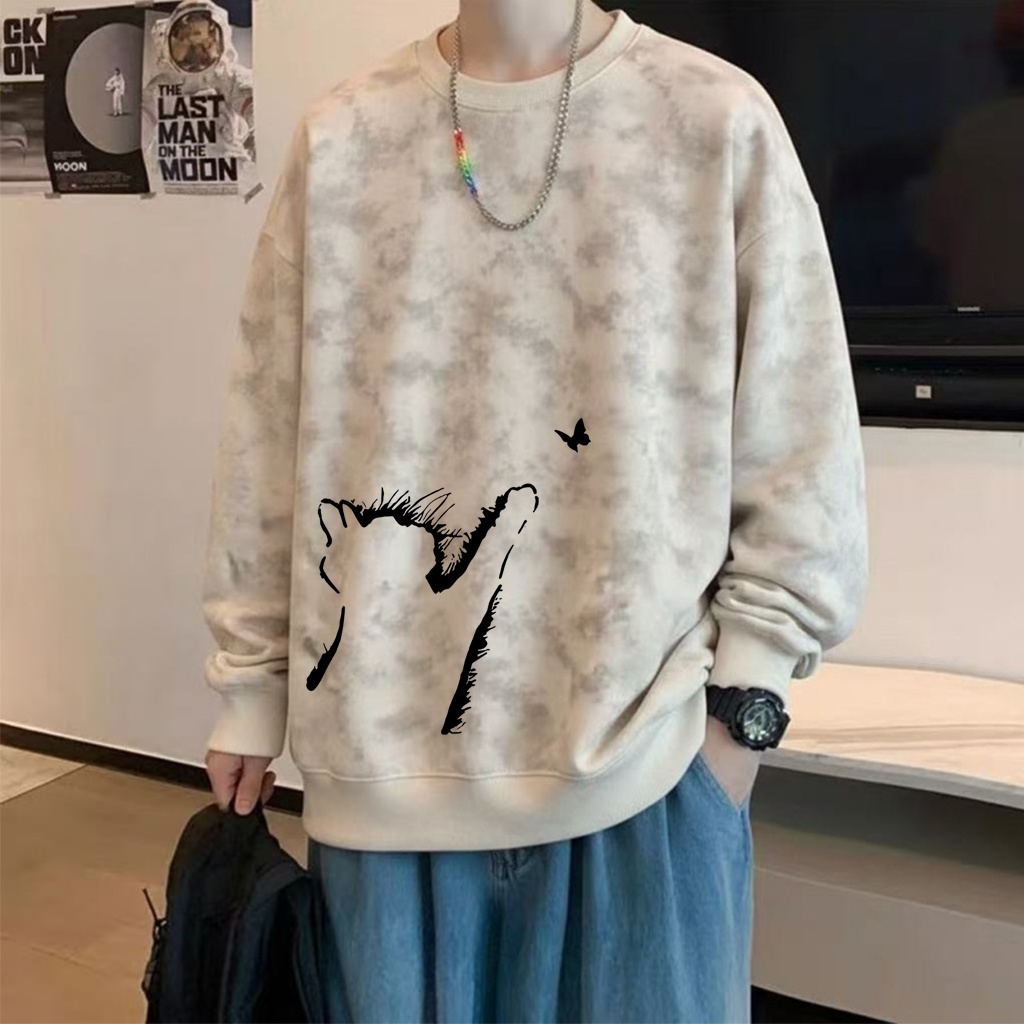 潮牌扎染圆领卫衣男士秋冬季简约美式休闲宽松大码长袖青少年上衣