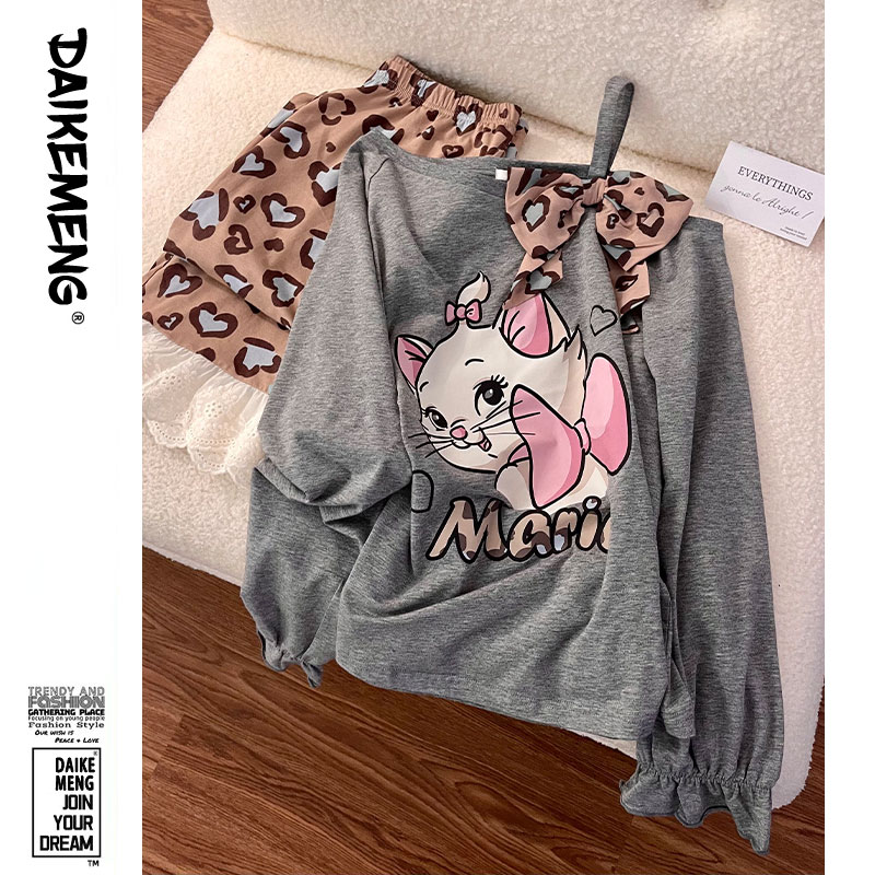 “猫系”女孩早秋露肩睡衣女纯欲卡通印花长袖长裤可外穿家居服套装