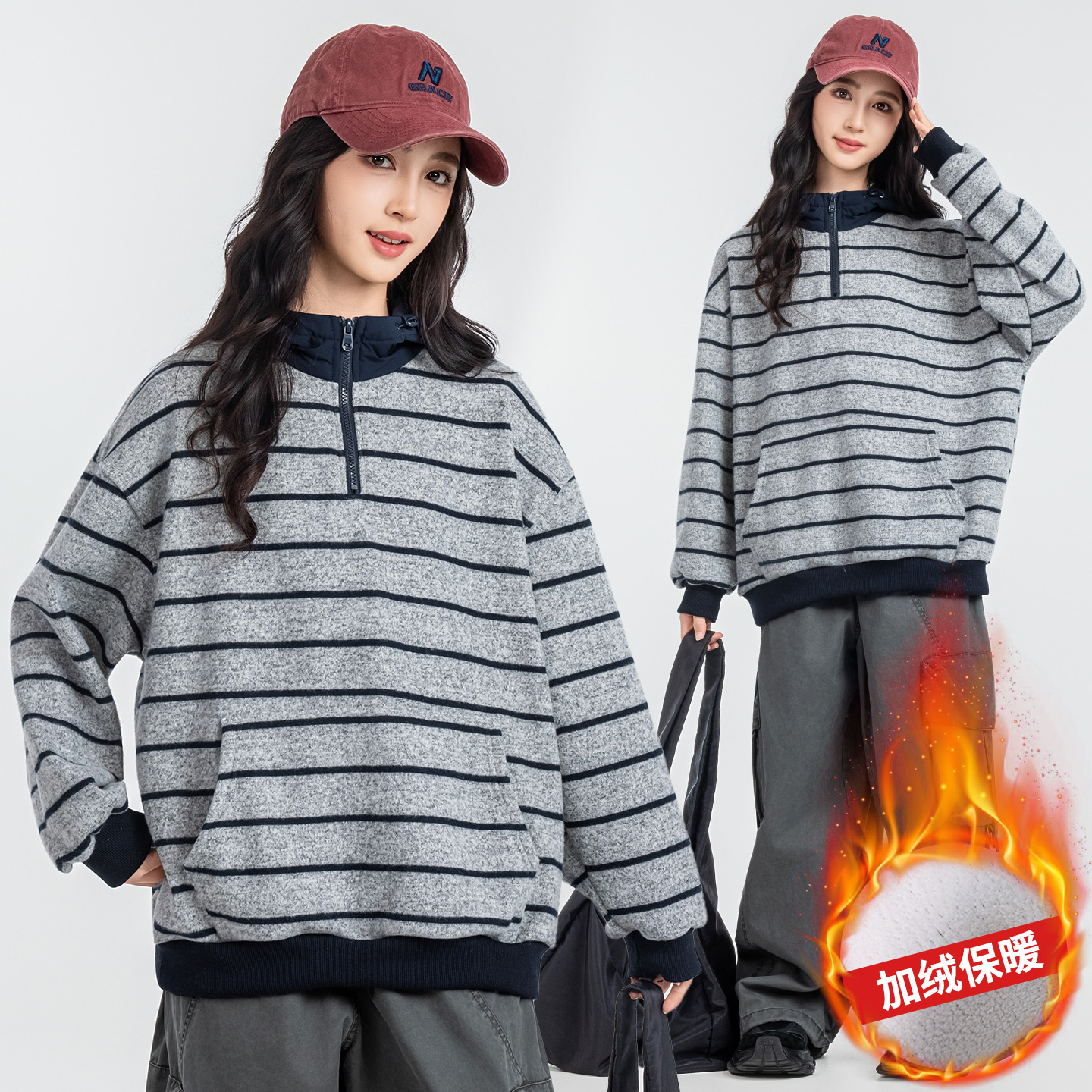 胖女童加绒卫衣连帽衫秋冬装加绒加厚中大童加肥加大学生宽松上衣